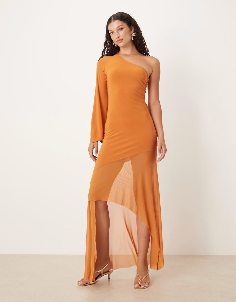 ASOS ASOS DESIGN one shoulder scarf style maxi dress with sheer skirt in rust