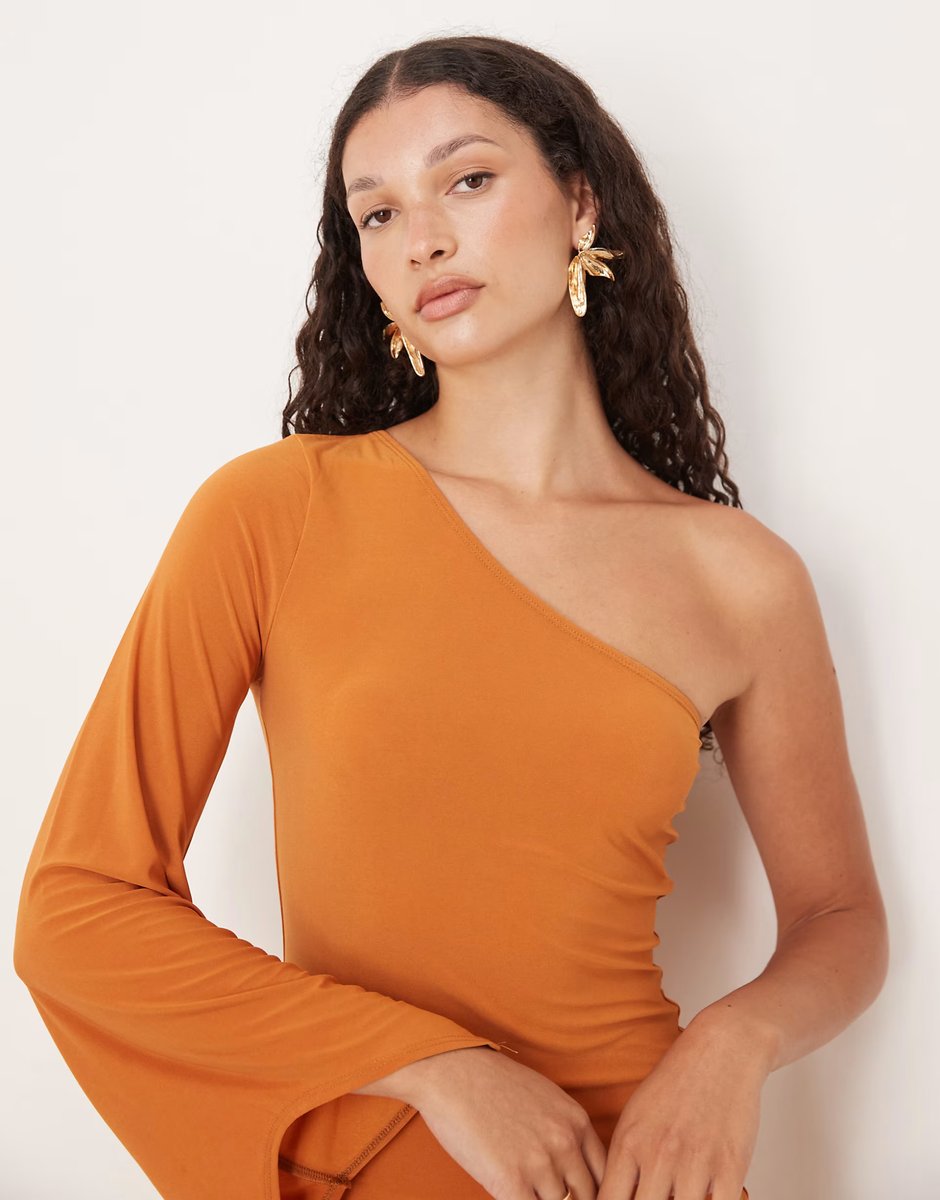 ASOS ASOS DESIGN one shoulder scarf style maxi dress with sheer skirt in rust - 3