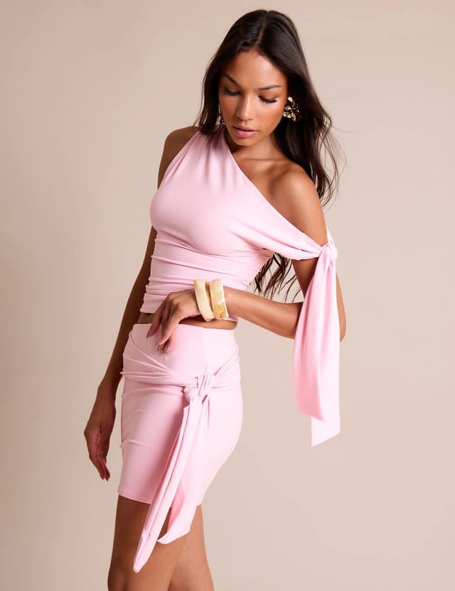 Public Desire Knot Detail Luxe Slinky Mini Skirt Soft Pink - 2