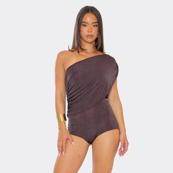 EGO One Shoulder Overlay Panel Detail Micro Playsuit In Chocolate Brown, Women's Size UK 8