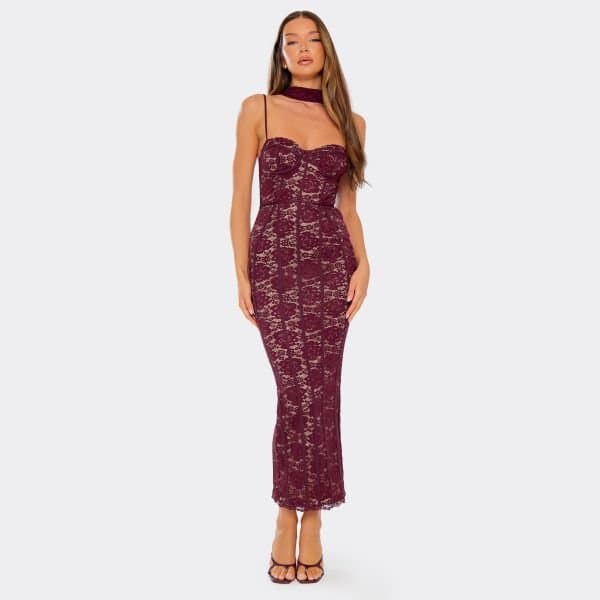 EGO Strappy Scarf Neck Detail Midi Dress In Burgundy Lace, Women's Size UK 6