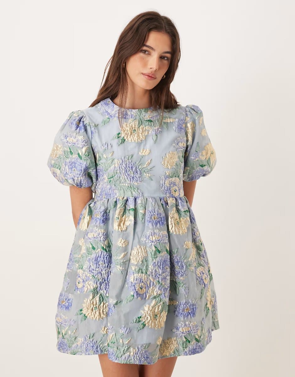 ASOS Dream Sister Jane Honey exclusive jacquard puff sleeve mini dress in blue floral