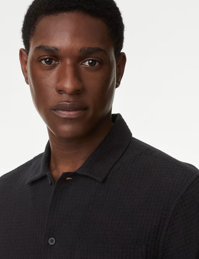 Marks & Spencer M&S Easy Iron Pure Cotton Cuban Collar Waffle Shirt Wine - 2