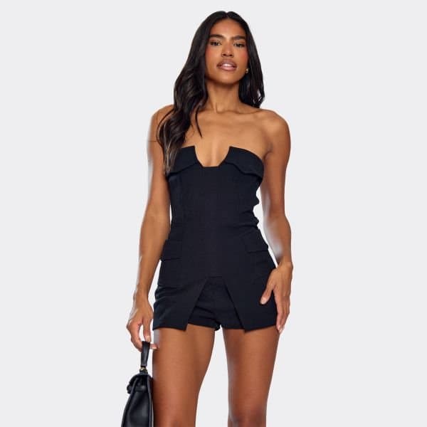 EGO Fold Over Pocket Detail Bandeau Long Top In Black, Women's Size UK 6