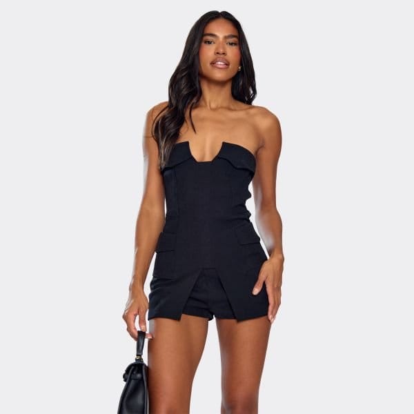EGO Fold Over Pocket Detail Bandeau Long Top In Black, Women's Size UK 6 - 1