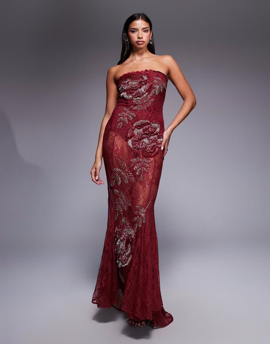 ASOS ASOS DESIGN bandeau lace embellished maxi dress with corset detailing and fishtail skirt in berry