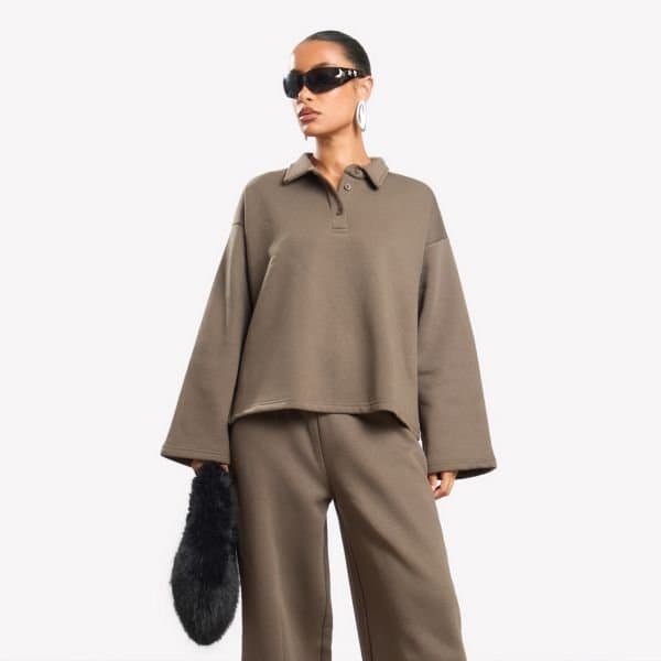 EGO Polo Collar Sweatshirt In Brown, Women's Size UK 4