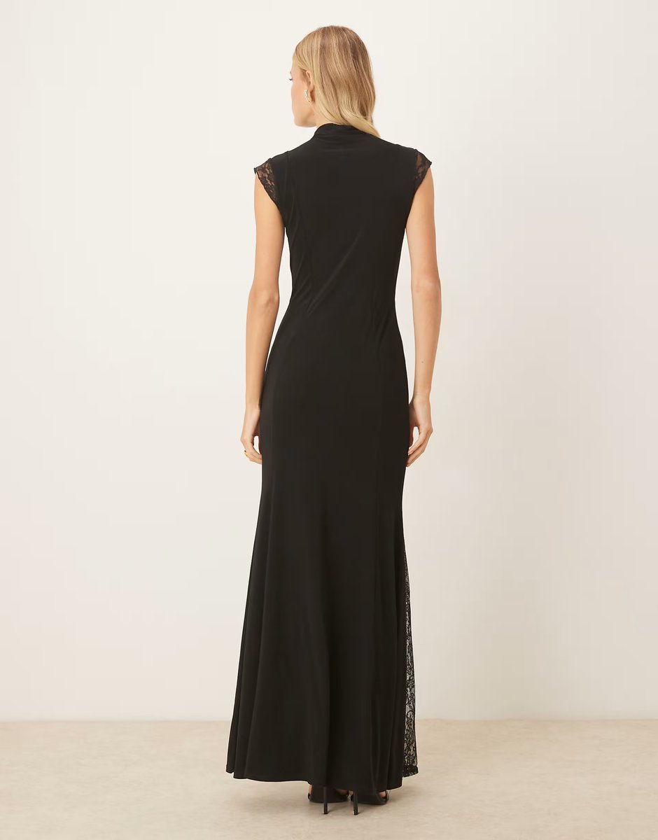 ASOS ASOS DESIGN high neck cap sleeve maxi dress with lace insert detailing in black - 4