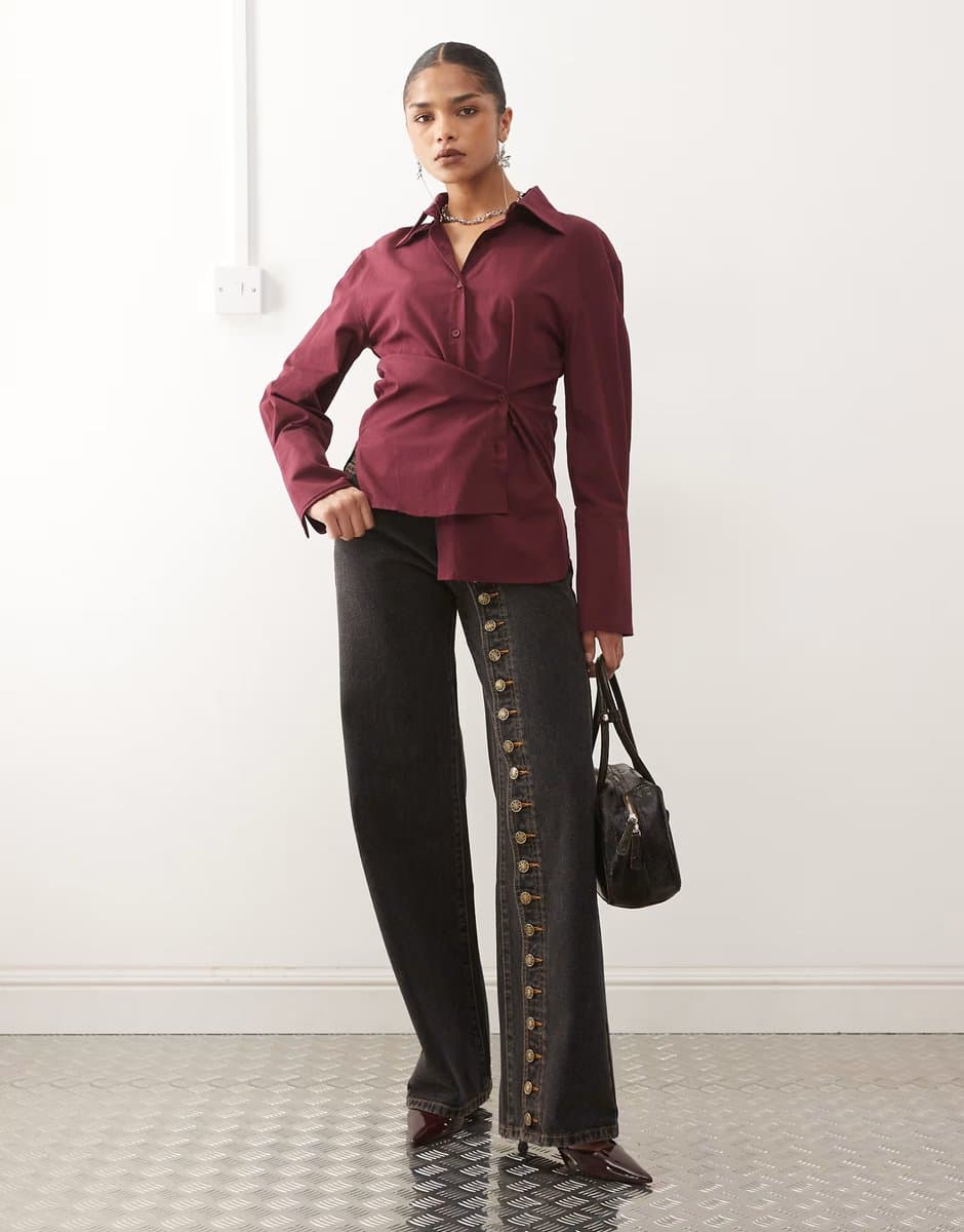 ASOS Lioness Penny asymmetric button detail wide leg jeans in black