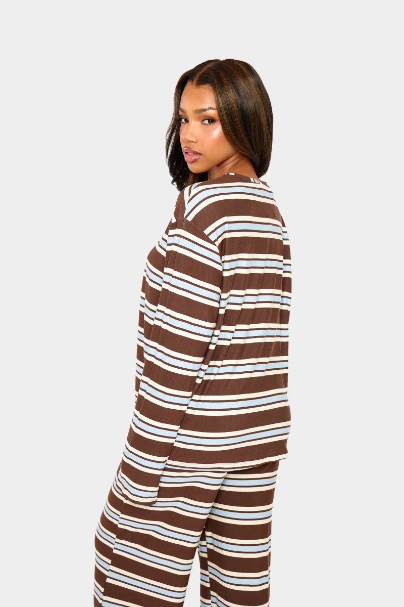 Kaiia Kaiia Striped Oversized Long Sleeve T-shirt Brown Blue & Cream - 4