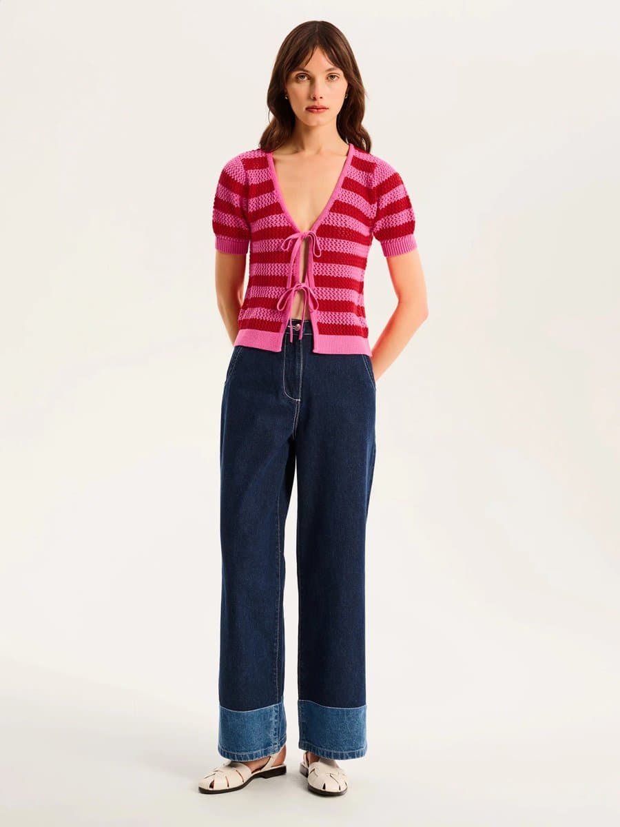 OMNES Harper Stripe Knit Top in Pink/Red