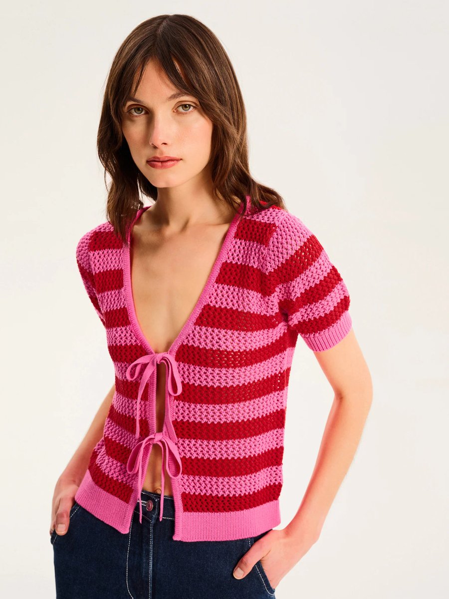 OMNES Harper Stripe Knit Top in Pink/Red - 2