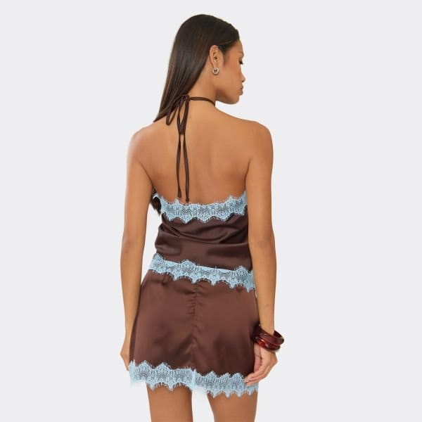EGO Mid Rise Contrast Lace Hem Mini Skirt In Chocolate Brown, Women's Size UK 6 - 2