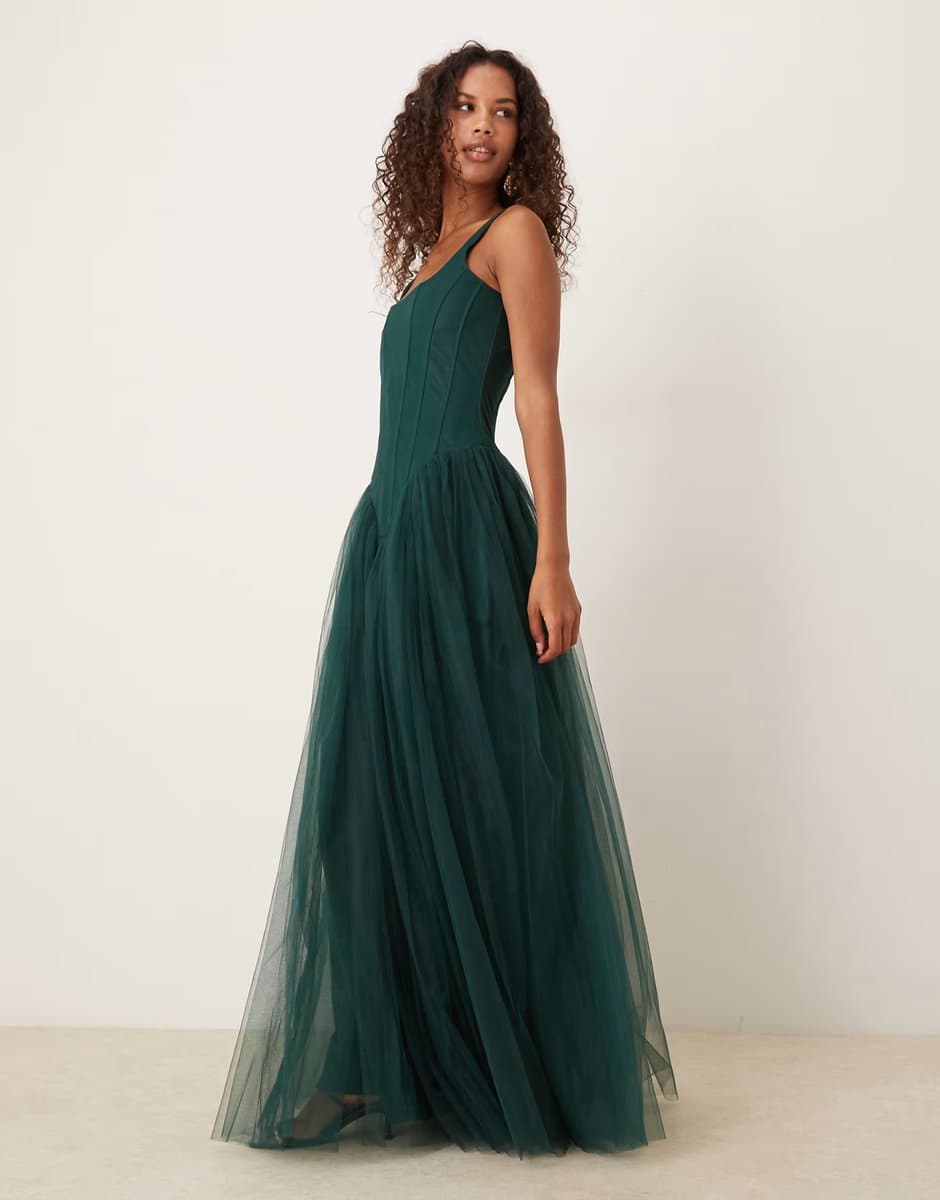 ASOS Lace & Beads drop hem corset maxi gown in dark green