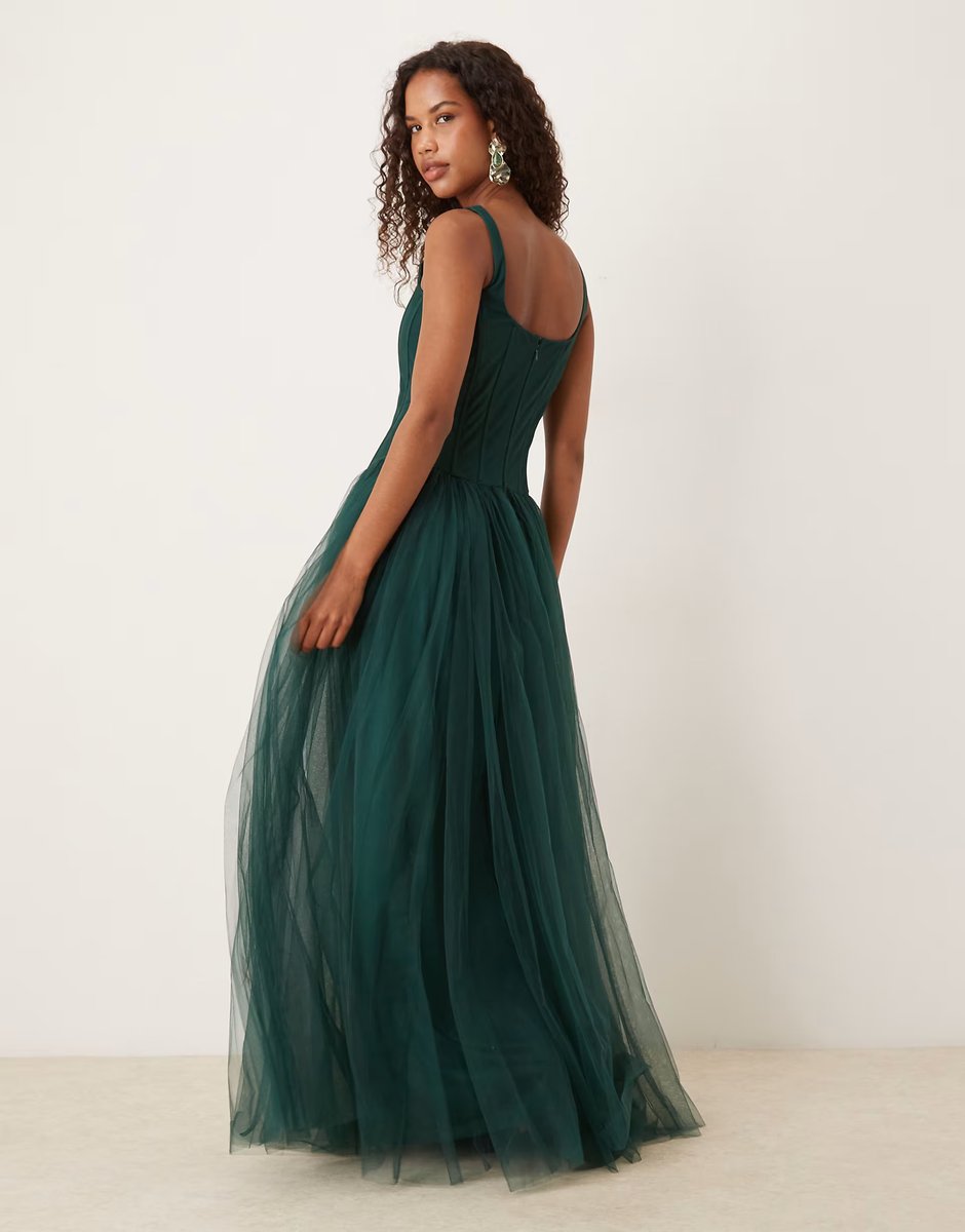 ASOS Lace & Beads drop hem corset maxi gown in dark green - 4