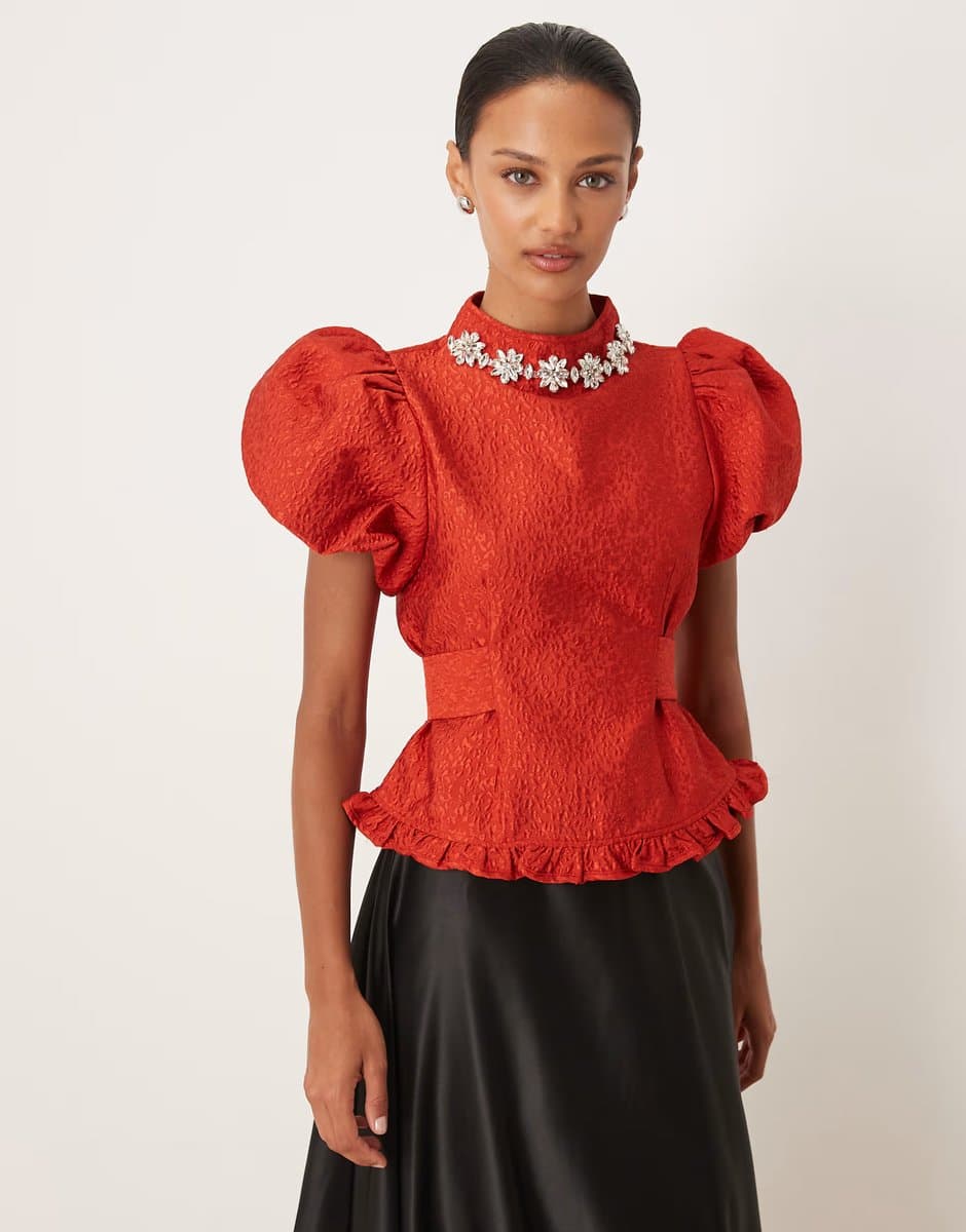 ASOS Dream Sister Jane Narrative jacquard embellished high neck puff sleeve cinched waist top in red