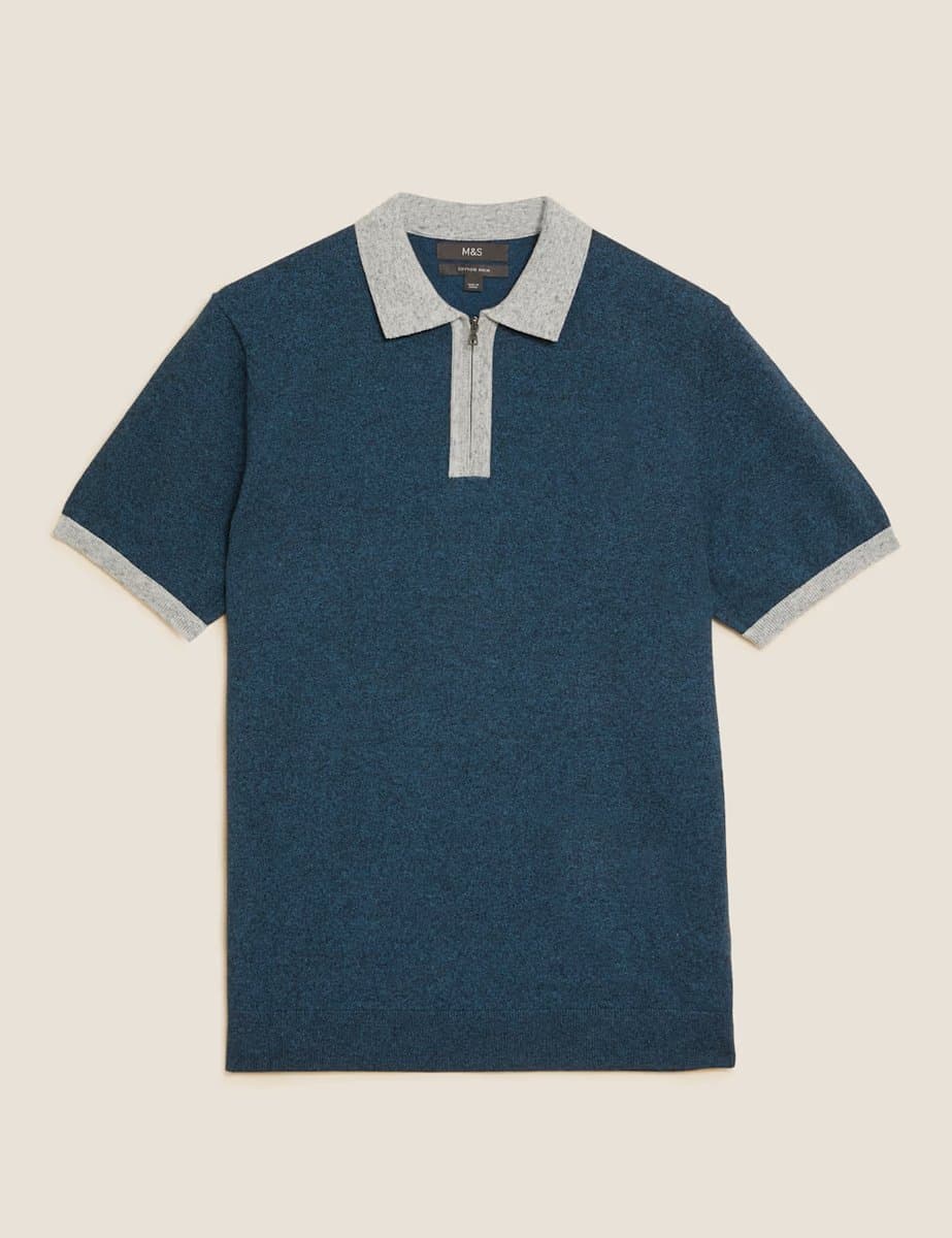 Marks & Spencer M&S Cotton Rich Zip Neck Knitted Polo Shirt Teal