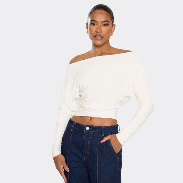 EGO EGO Off-The-Shoulder Asymmetric Slash Neck Top in White