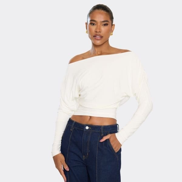 EGO Long Sleeve Asymmetric Slash Neck Top In White Slinky, Women's Size UK 4 - 1