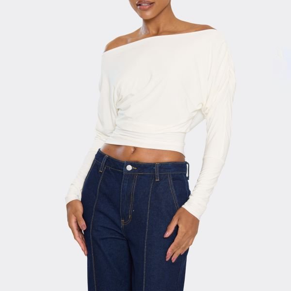 EGO Long Sleeve Asymmetric Slash Neck Top In White Slinky, Women's Size UK 4 - 2