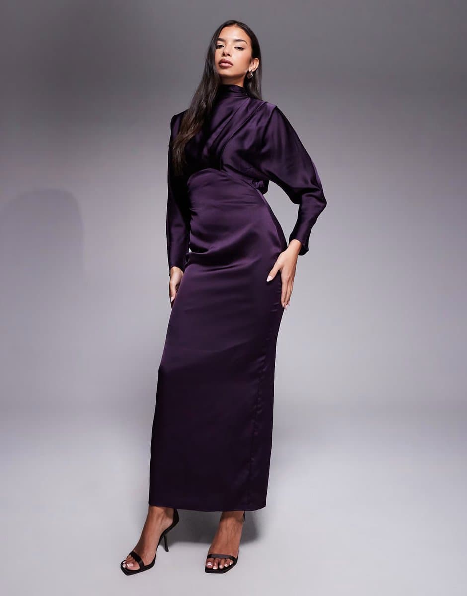ASOS TFNC Ziya satin high neck foldover detail maxi dress in plum