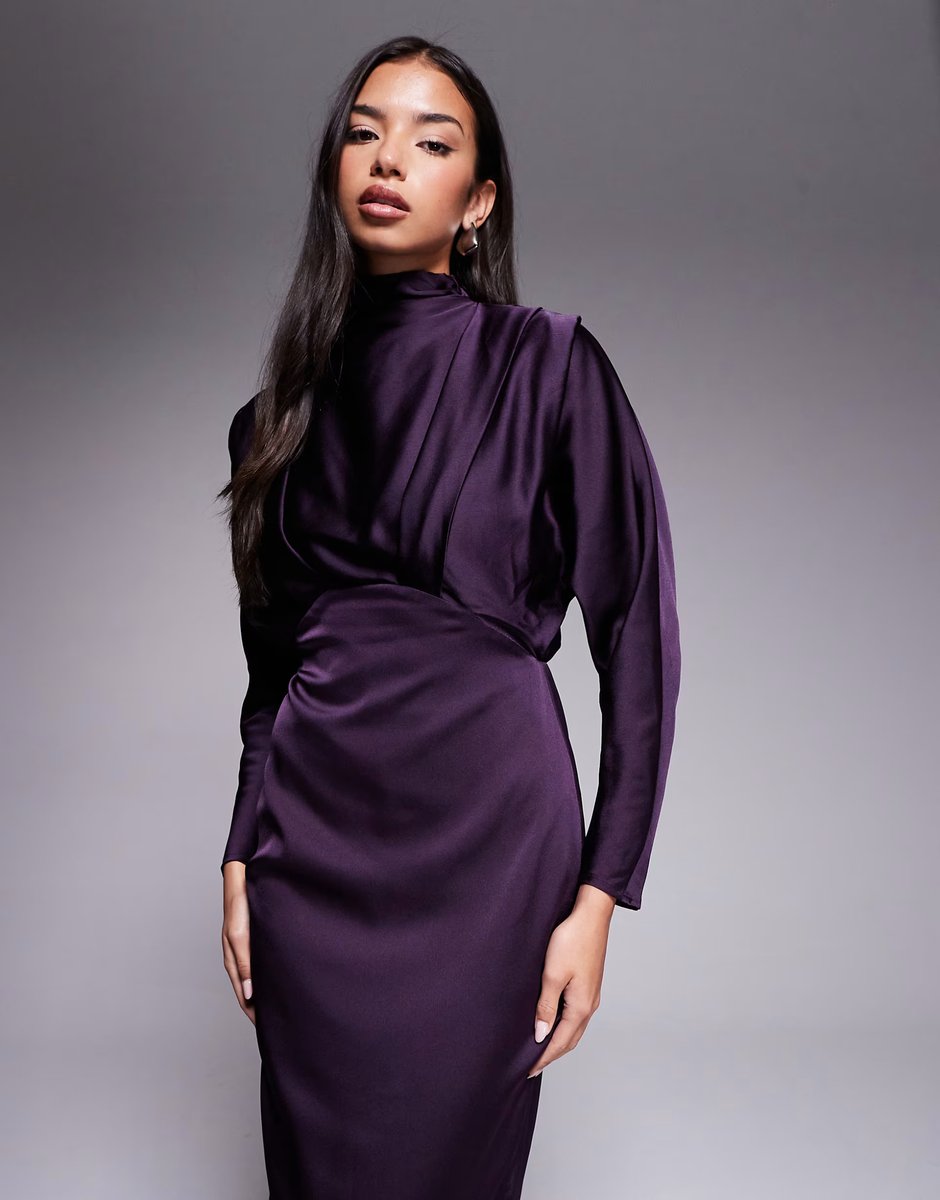 ASOS TFNC Ziya satin high neck foldover detail maxi dress in plum - 3