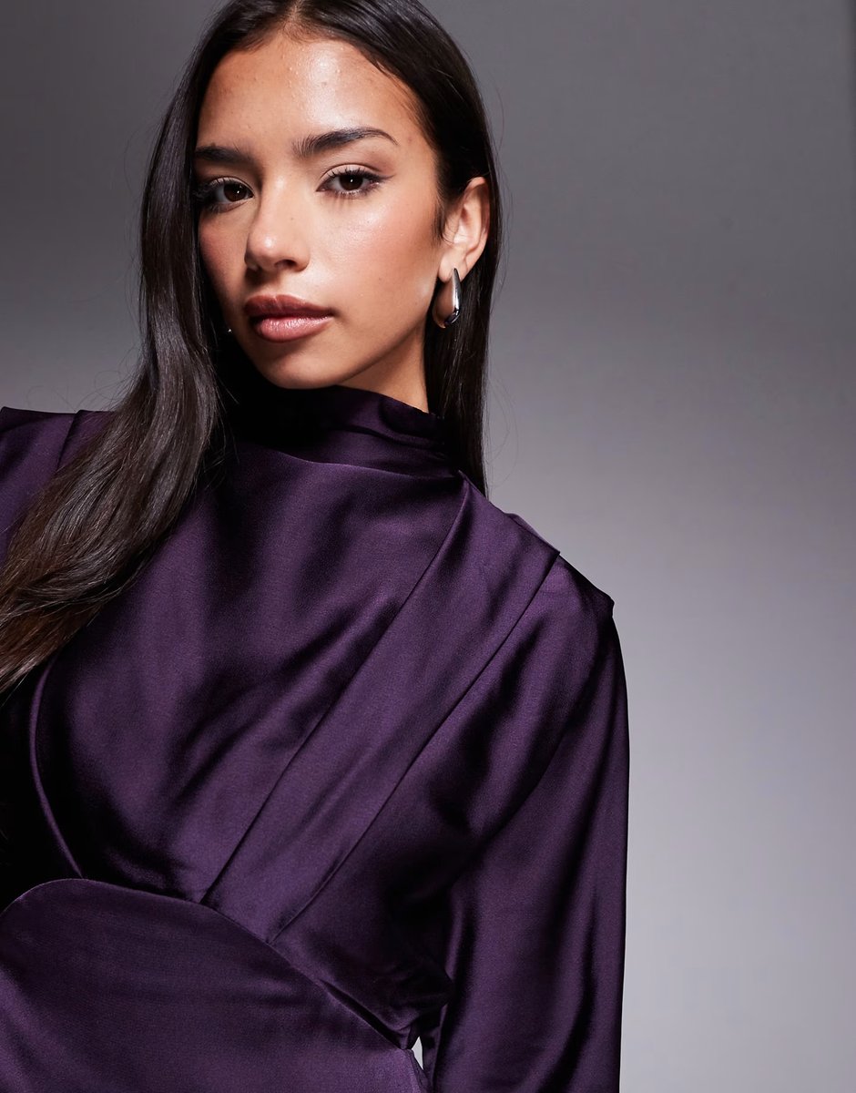 ASOS TFNC Ziya satin high neck foldover detail maxi dress in plum - 4