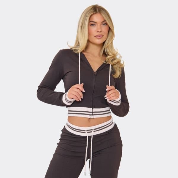 EGO Contrast Stripe Detail Fitted Zip Up Hoodie In Chocolate Brown, Women's Size UK 6