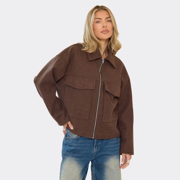 EGO Collared Zip Up Boxy Wool Look Jacket In Chocolate Brown, Women's Size UK Large L