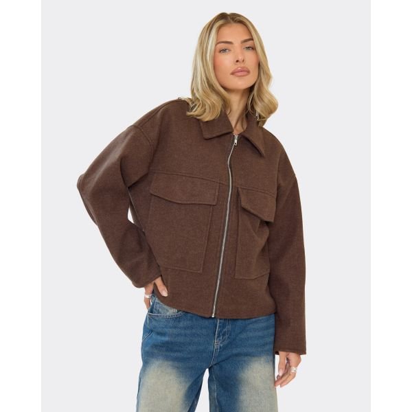 EGO Collared Zip Up Boxy Wool Look Jacket In Chocolate Brown, Women's Size UK Large L - 2