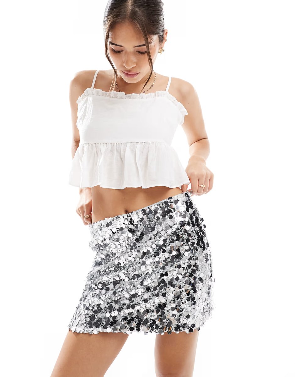 ASOS Pieces sequin mini skirt in silver - 1
