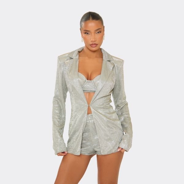 EGO Hook And Eye Cinched Waist Blazer In Silver Glitter, Women's Size UK 6 - 1