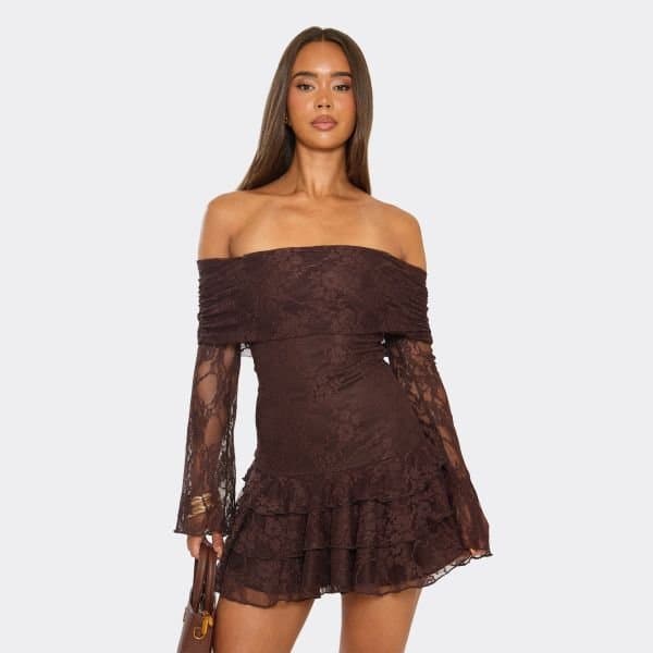 EGO Long Sleeve Bardot Fold Over Ruffle Mini Dress In Chocolate Brown Lace, Women's Size UK 4