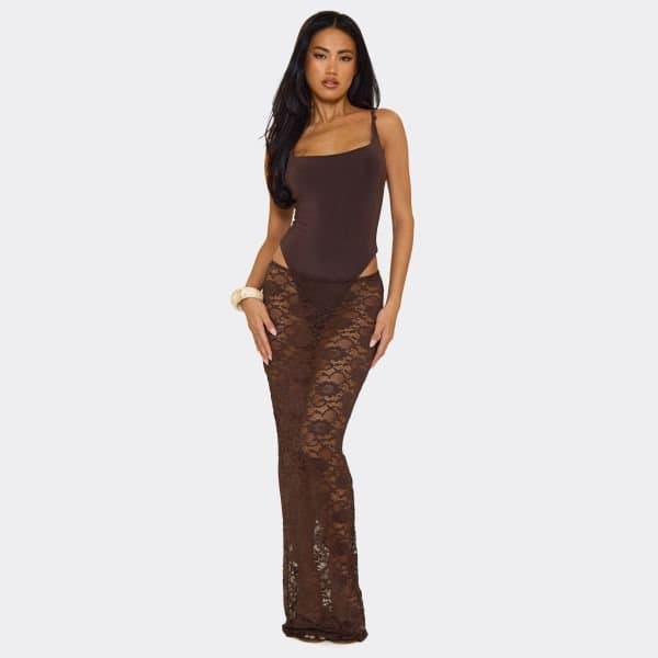 EGO Low Waist Detail Maxi Skirt In Brown Lace, Women's Size UK 4