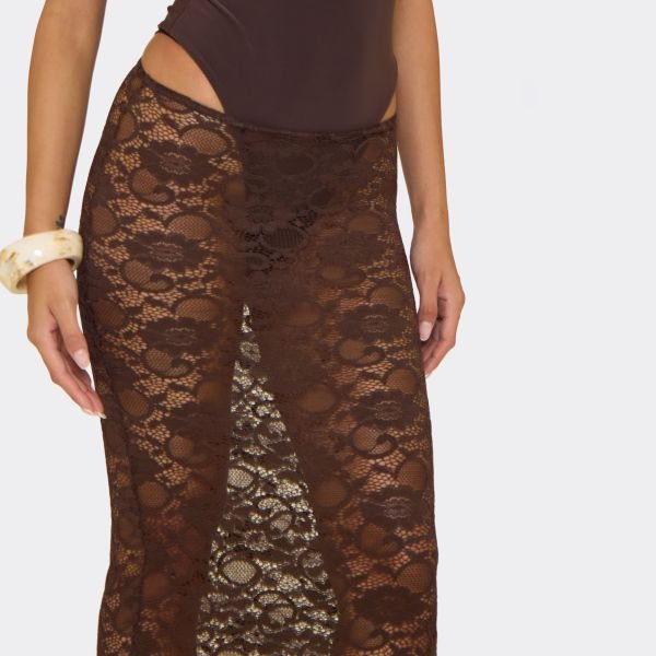 EGO Low Waist Detail Maxi Skirt In Brown Lace, Women's Size UK 4 - 2