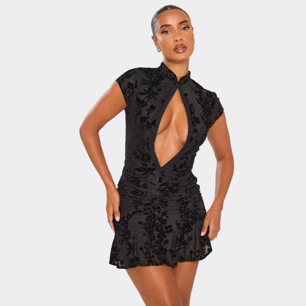 EGO Keyhole Cut Out Ruched Detail Flippy Hem Mini Dress In Black Devore, Women's Size UK 4