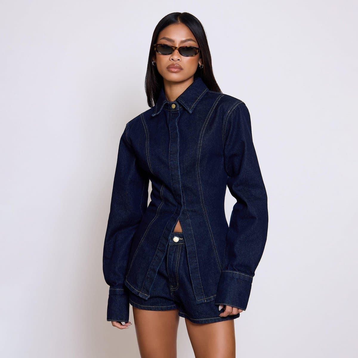 EGO Long Sleeve Button Front Seam Detail Cinched Waist In Indigo Blue Denim, Women's Size UK 6