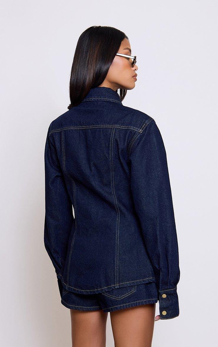 EGO Long Sleeve Button Front Seam Detail Cinched Waist In Indigo Blue Denim, Women's Size UK 6 - 2