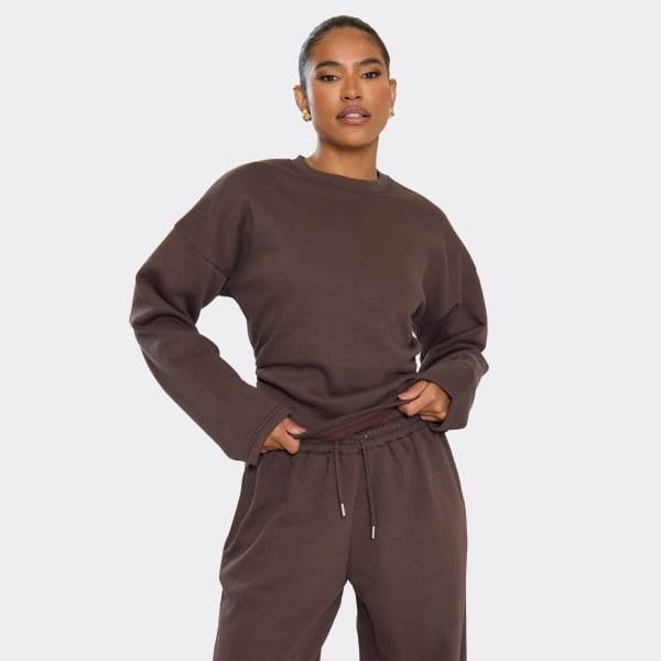 EGO Long Sleeve Cinch Waist Detail Sweatshirt In Chocolate Brown, Women's Size UK 6 - 1