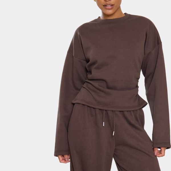 EGO Long Sleeve Cinch Waist Detail Sweatshirt In Chocolate Brown, Women's Size UK 6 - 2