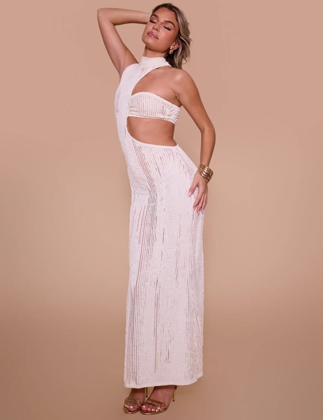 Public Desire Textured Asymmetric Cut Out Maxi Dress Cream - 3