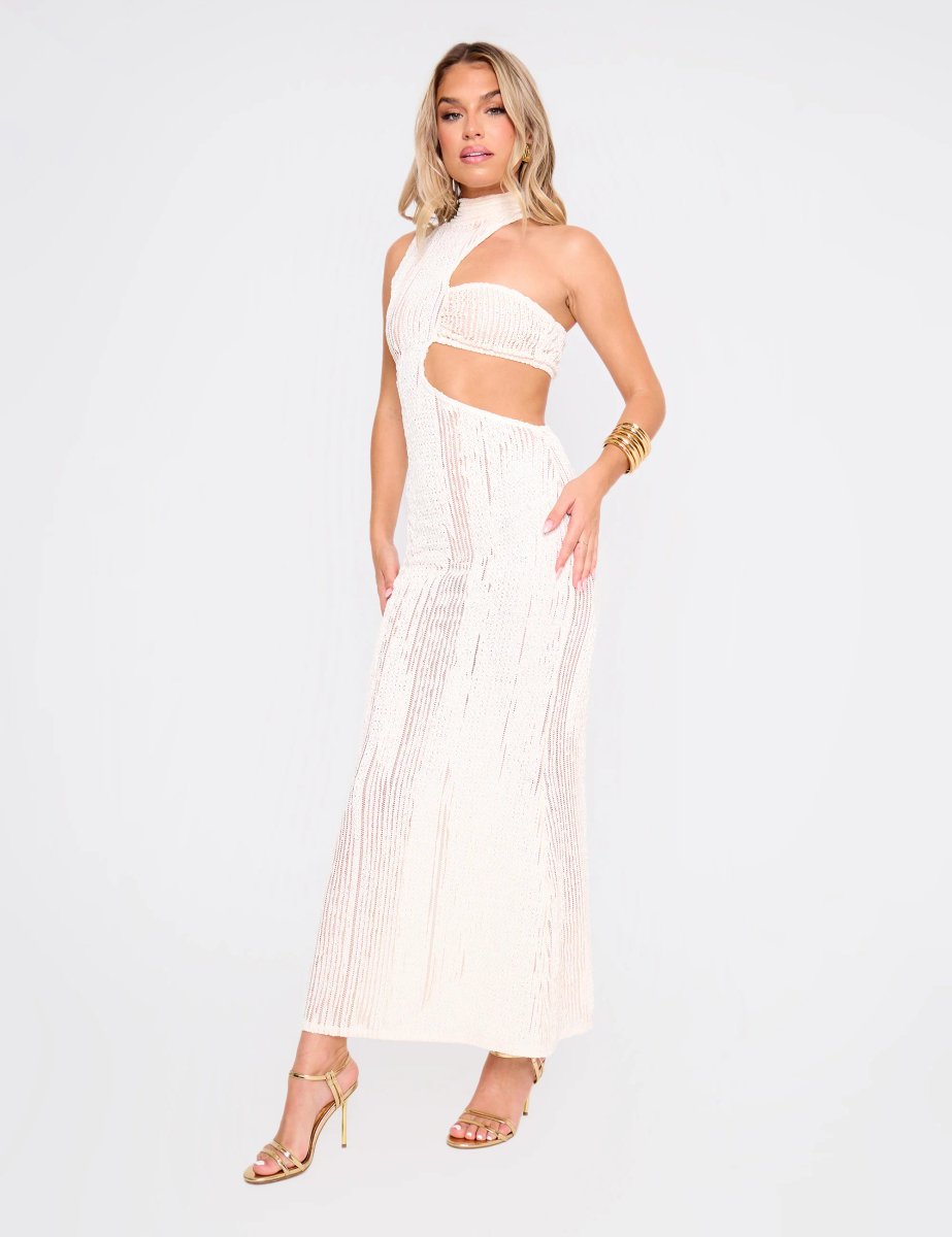 Public Desire Textured Asymmetric Cut Out Maxi Dress Cream - 4