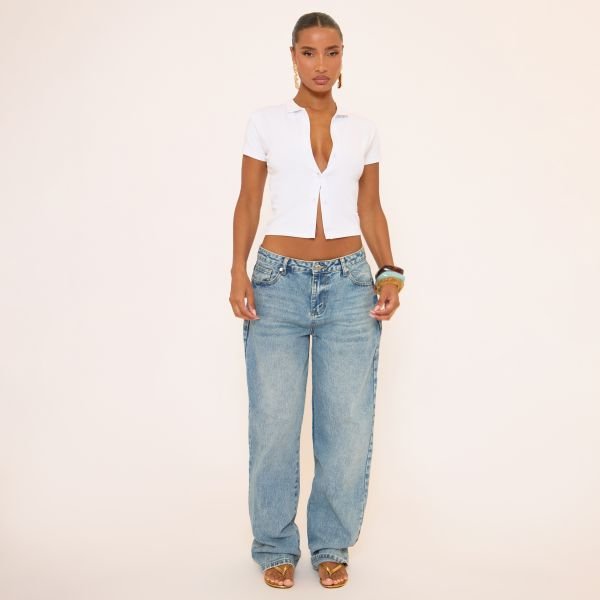 EGO Short Sleeve Button Down T-Shirt In White, Women's Size UK 12 - 2