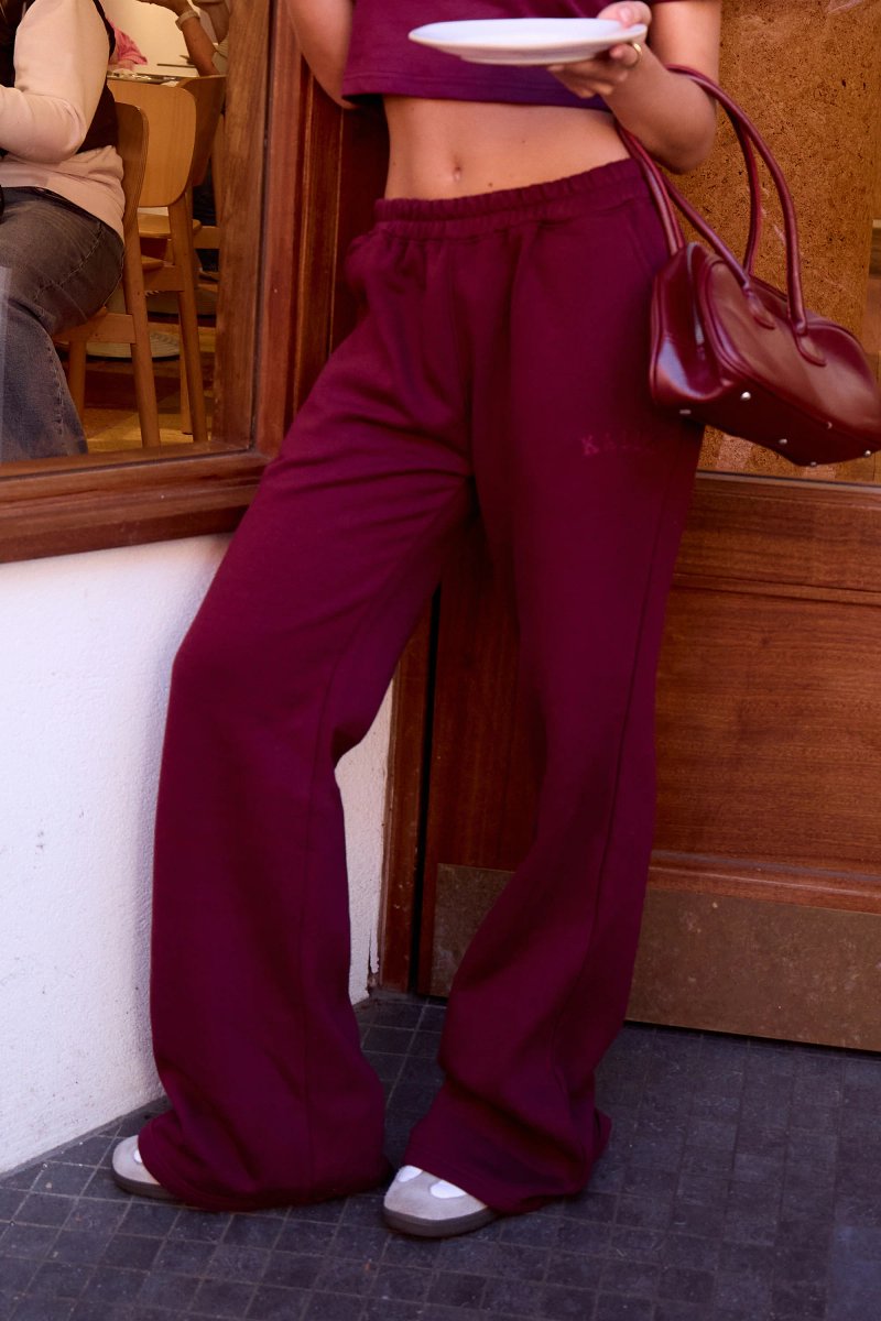Kaiia Kaiia Wide Leg Sweat Pants Deep Burgundy - 2