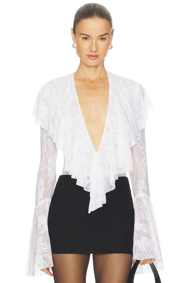 revolve Long Sleeve Deep V Ruffle Bodysuit