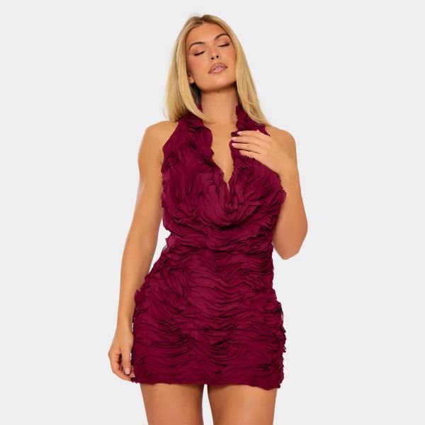 EGO Cowl Neck Open Back Detail Mini Dress In Burgundy Textured, Women's Size UK 6
