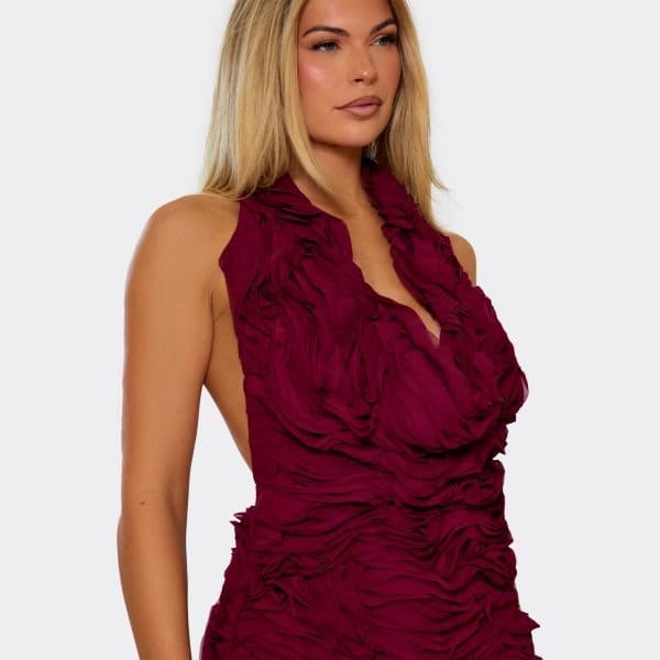 EGO Cowl Neck Open Back Detail Mini Dress In Burgundy Textured, Women's Size UK 6 - 2