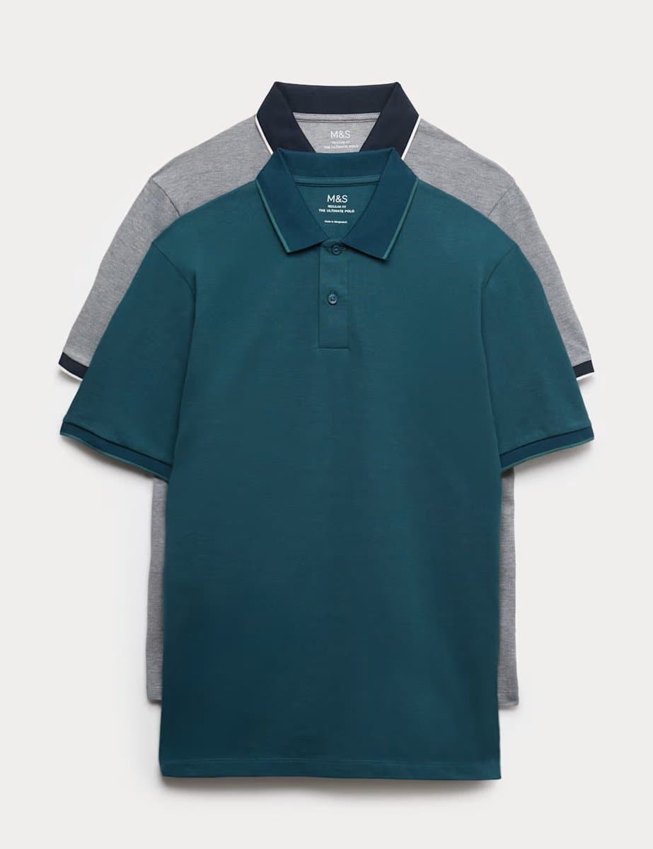 Marks & Spencer M&S 2 Pack Cotton Rich Tipped Polo Shirts Petrol Mix