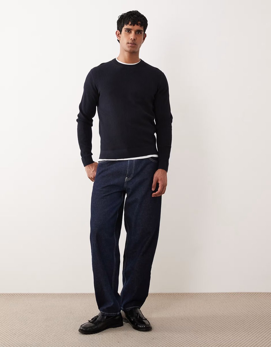 ASOS Mango cotton mix crew neck jumper in navy - 2
