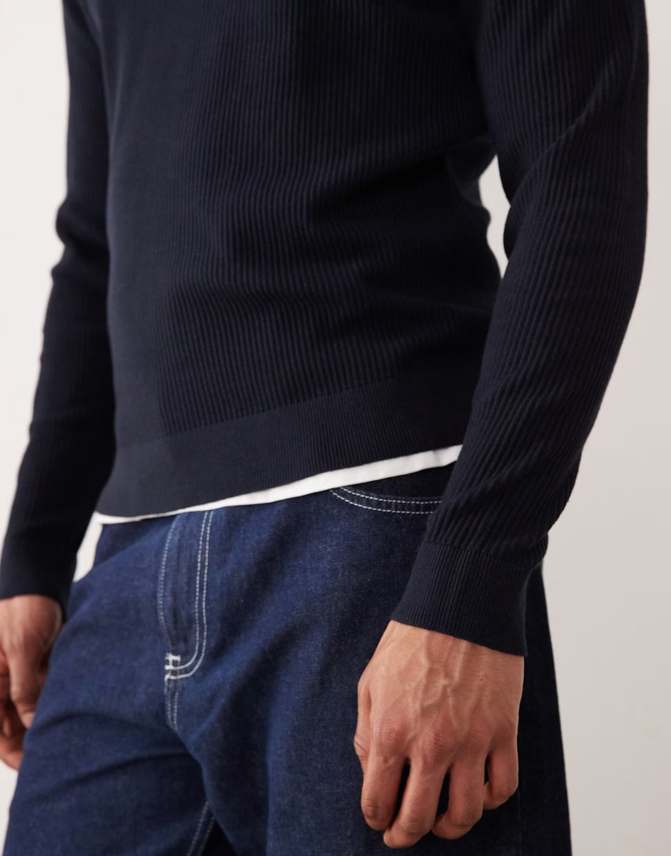 ASOS Mango cotton mix crew neck jumper in navy - 4